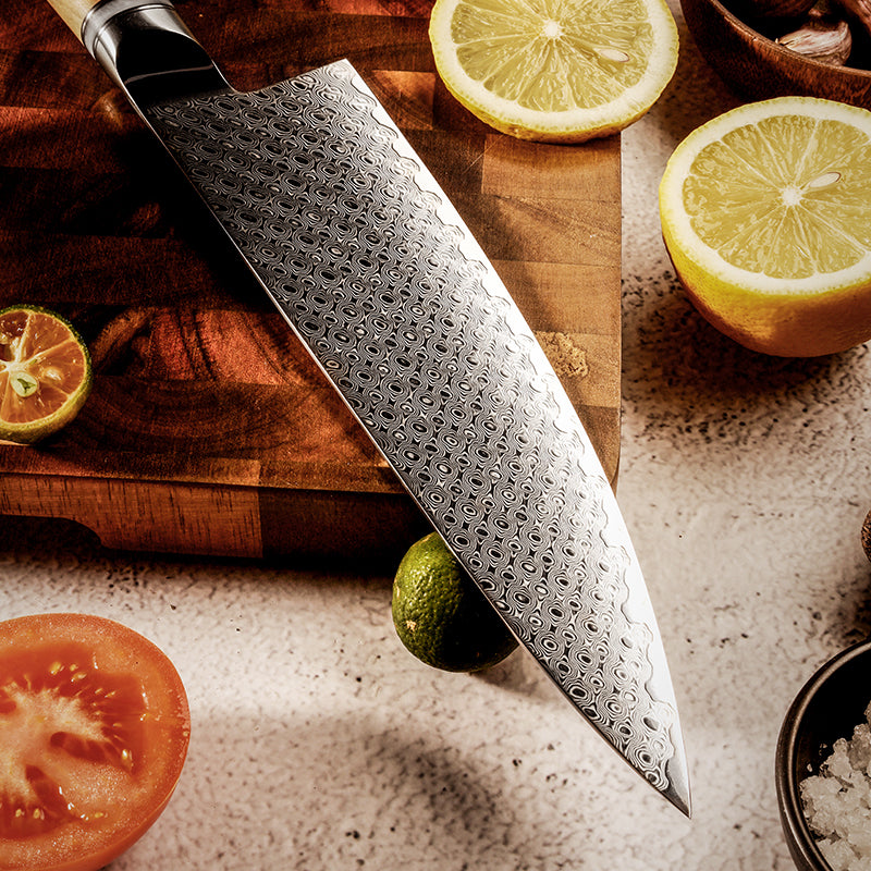 Damast Küchenmesser mit Olivenholz-Griff