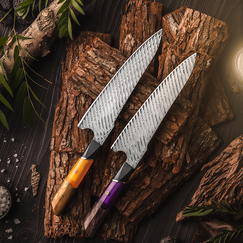 Damastmesser Orange/Blau Verfestigt Holz Griff