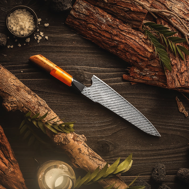 Damastmesser Orange Verfestigt Holz Griff