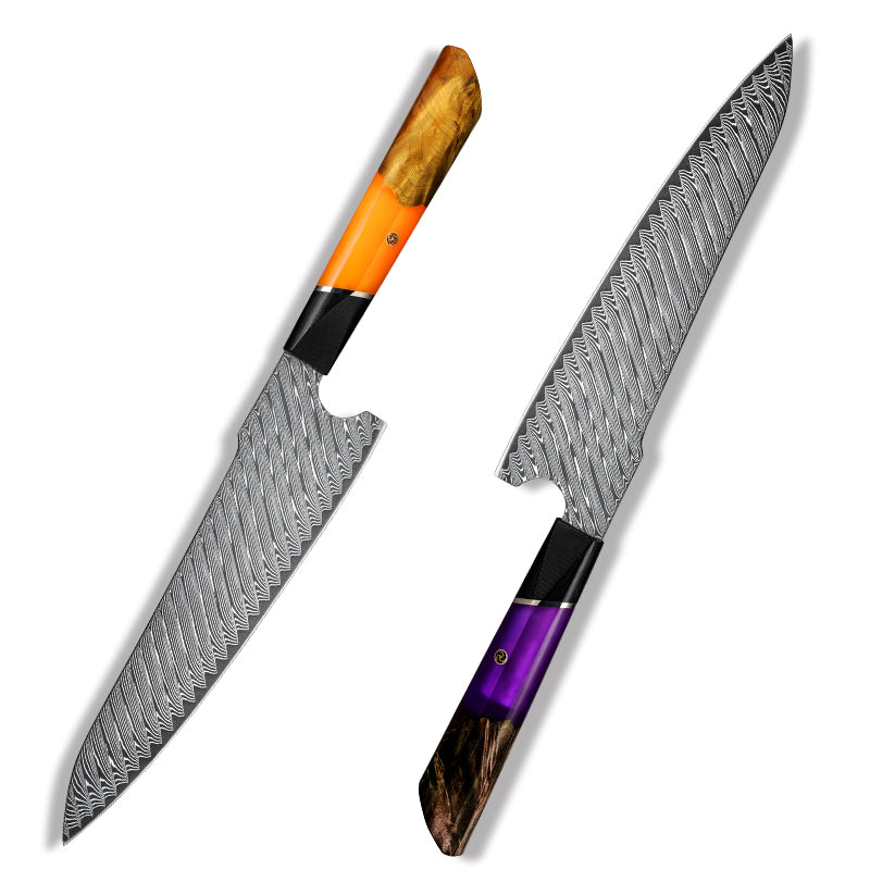 Damastmesser Orange/Blau Verfestigt Holz Griff