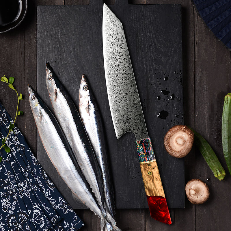 Damastmesser Kiritsuke mit Rote Resin Griff 