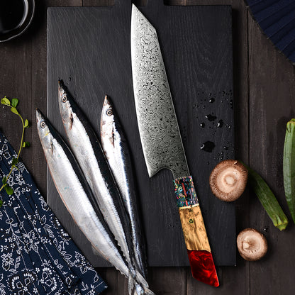 Damastmesser Kiritsuke mit Rote Resin Griff 