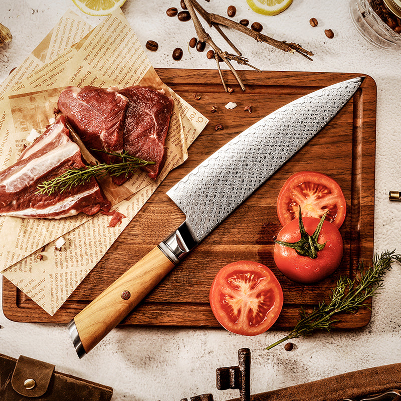 Damast Küchenmesser mit Olivenholz-Griff