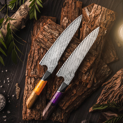 Damastmesser Orange/Blau  Verfestigt Holz Griff