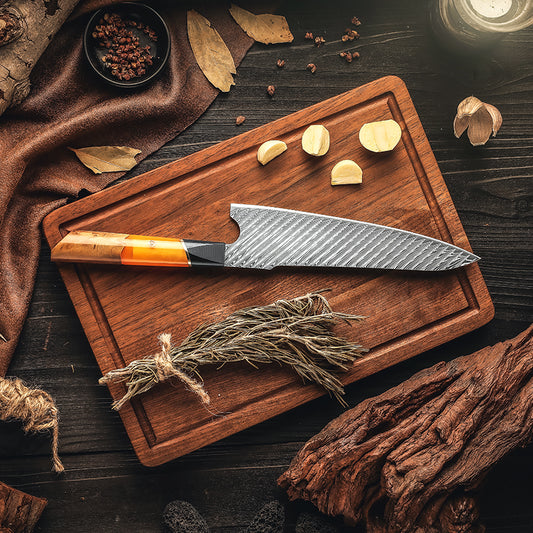 Damastmesser Orange Verfestigt Holz Griff