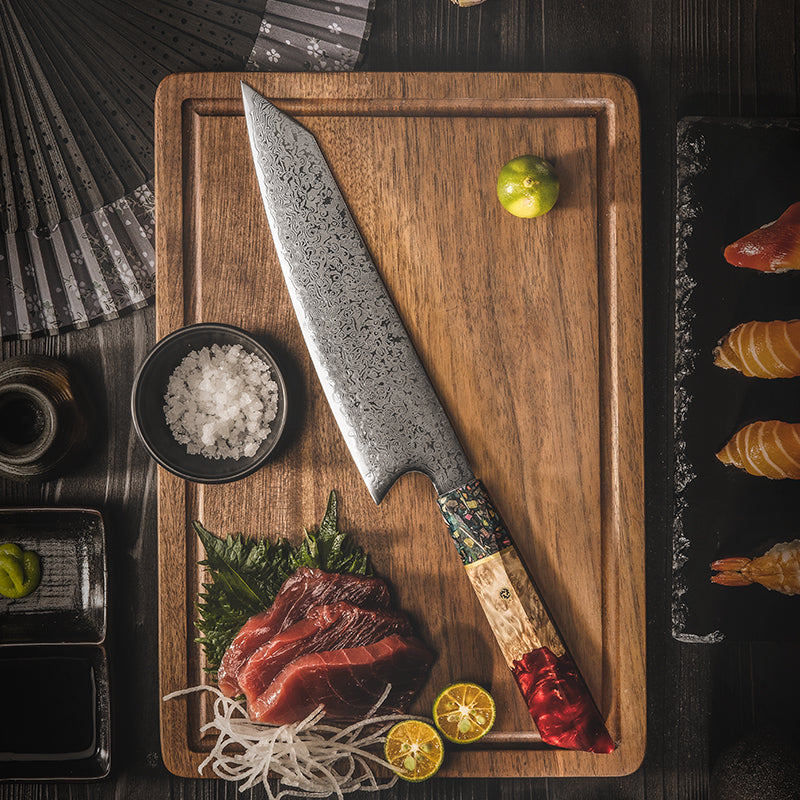 Damastmesser Kiritsuke mit Rote Resin Griff (21cm Klinge)