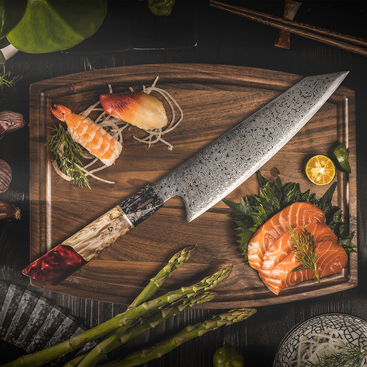 Damastmesser Kiritsuke mit Rote Resin Griff 